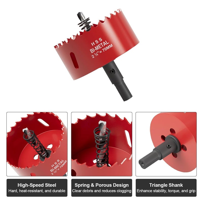FIVELAKE 2-3/4" (70mm) Bi-Metal M42 High Speed Steel Hole Saw with Pilot Drill Bit, Smooth Cutting Edge for PVC, Drywall, Wood, Plastic, Gypsum Board, Rubber, Thin Metal - Image 2